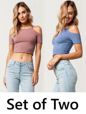 Set of Two Basics Cold Shoulder  Womens Crop Top Blue and Taupe